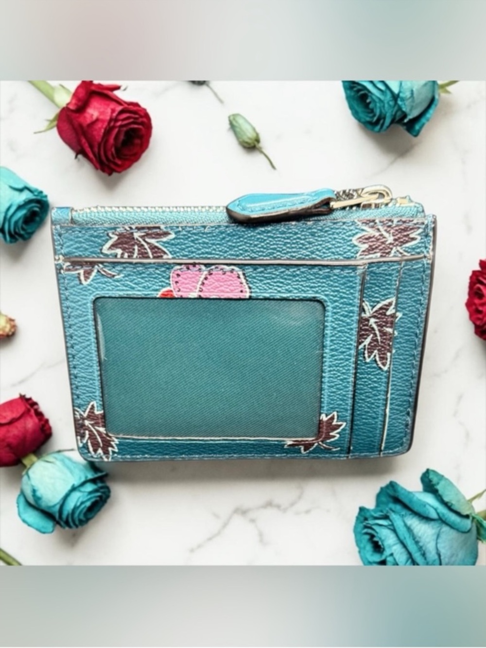 COACH Mini Skinny ID Case in Dark Teal Wildflower Print w/ Keychain/NWOT - Picture 2 of 7